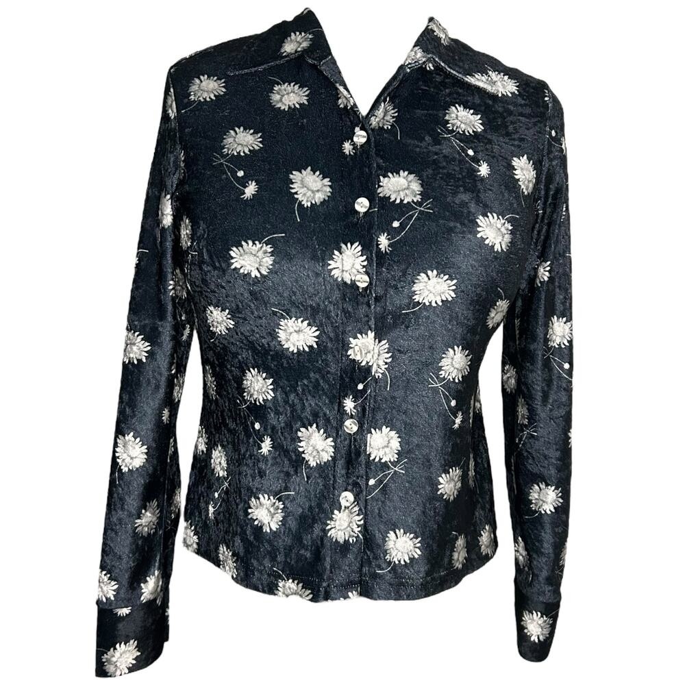 Vintage Navy Blue and White Velvet Floral Patterned Button Up Blouse Size M